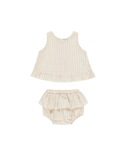 Ruffled Tulip top + Bloomer set | Oat Check | Quincy Mae